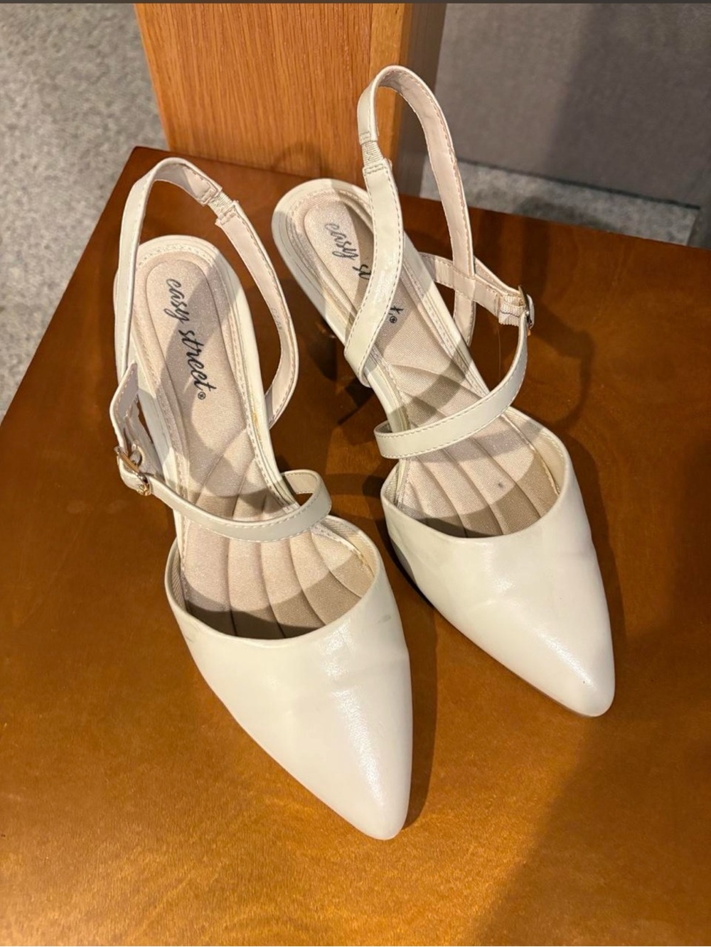easy street Cream Pointed Toe Slingback Heels with Ankle Strap